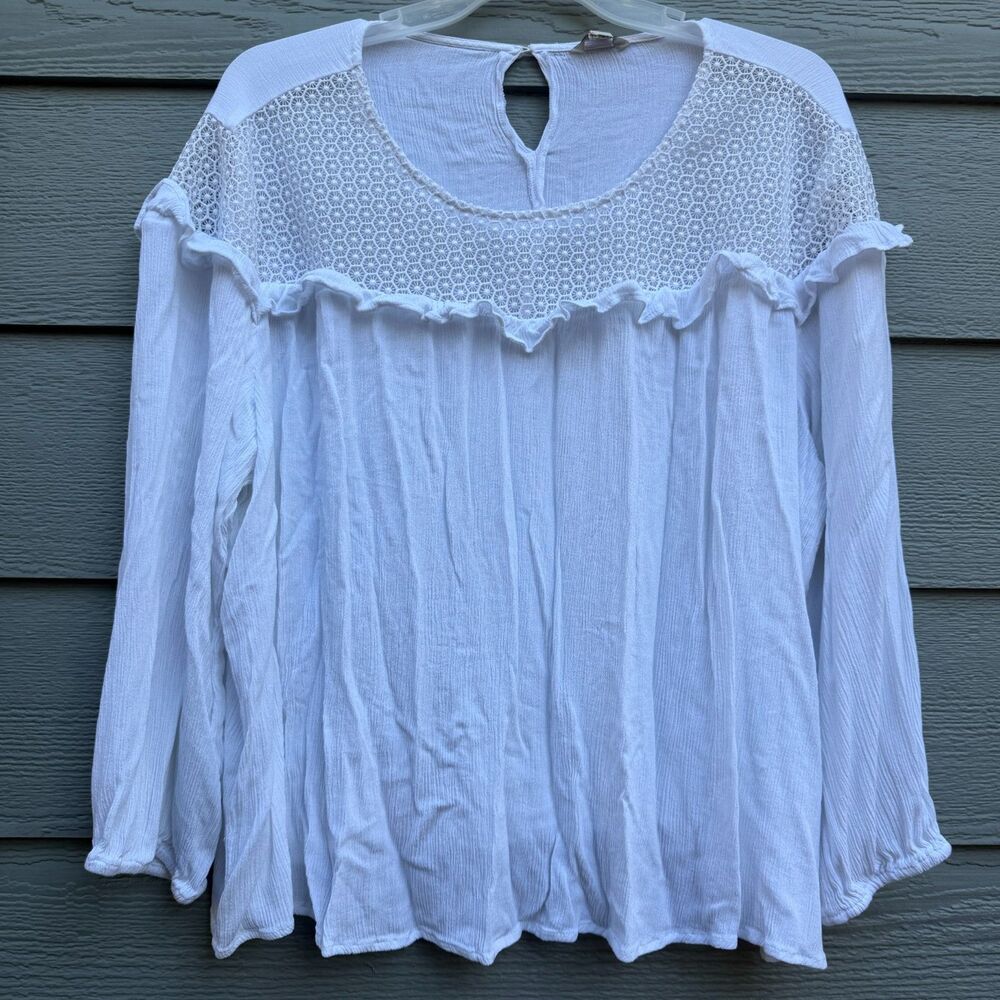 [EST. 1946] Size L Crochet Yoke Blouse Womens White Crinkle Cotton Ruffle Boho